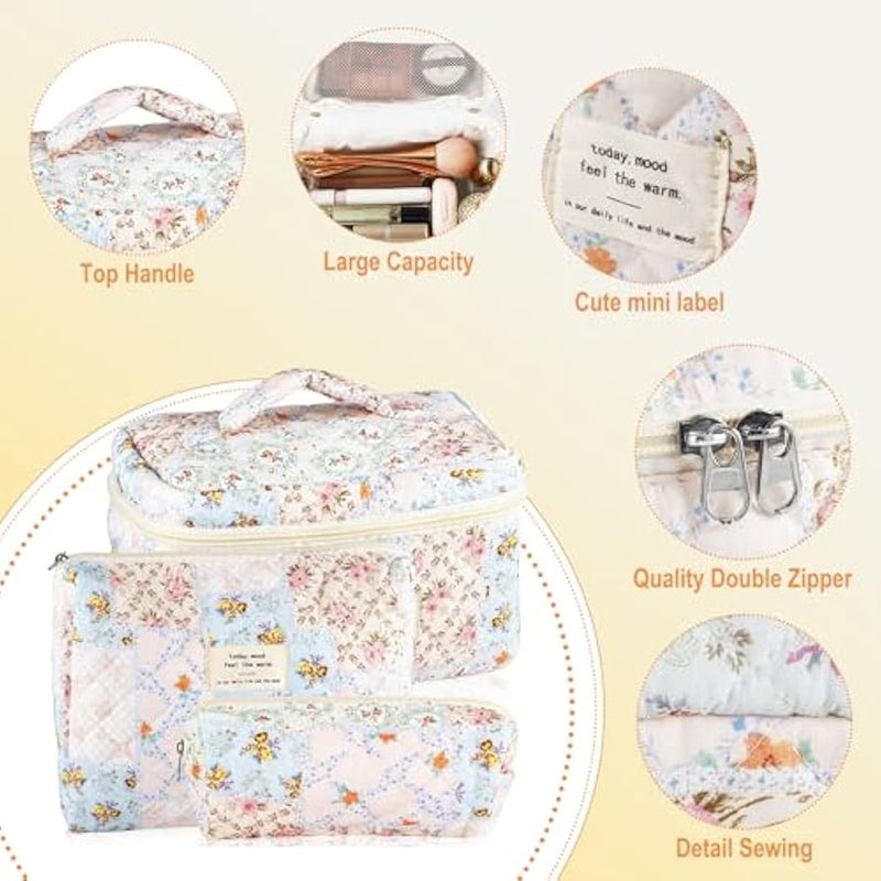 URSKYTOUS 3Pcs Cotton Quilted Makeup Bag for Women Girls Large Small Travel Floral Cosmetic Bags Set Cute Coquette Makeup Pouch for Purse Aesthetic Cloth Bee&Flower Storage Toiletry Bag Organizer - Image 3